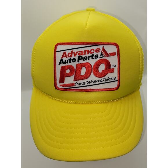 Vintage Advance Auto Parts Hat Cap Snapback Yellow Trucker PDQ Logo Patch 80's - Picture 2 of 16
